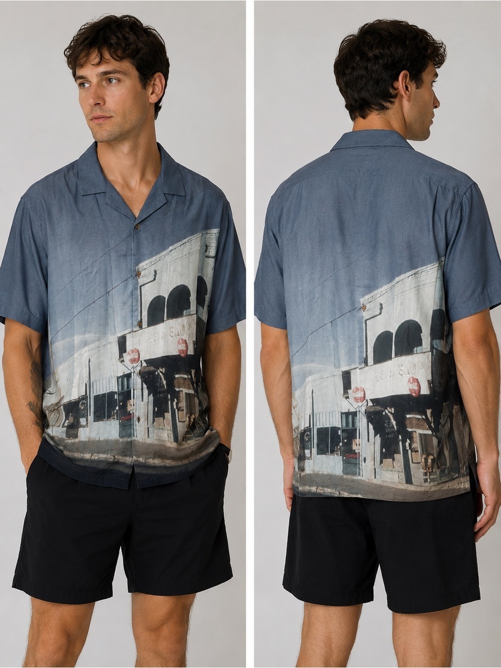 ASOS XL Cityscape Graphic Print Camp Collar Button-Up Shirt Oversized